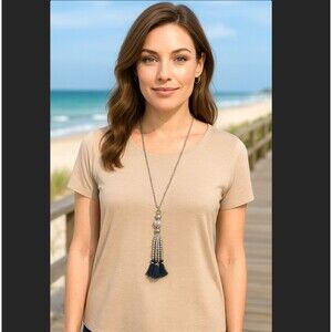 J. Jill Charm Tassel Necklace Long Silver Tone Beaded Blue Pendant 32” Boho NWT